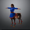 Woman in Blue Dress With Red Belt Arms Outstretched and Deer Legs Red Decorations
