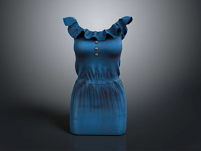 Stylish Blue Sleeveless Dress With Ruffled Collar And Decorative Buttons 3d model