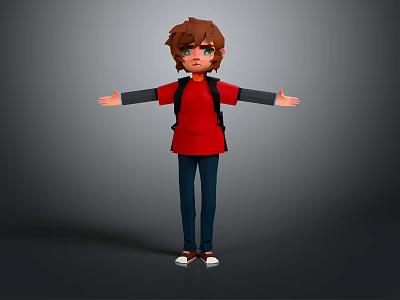 3D Game Movie Character With Brown Hair Blue Eyes Red Shirt Black Backpack Blue Pants 3d model