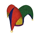 Colorful Jester Hat With Red Green Blue Yellow Sections And Gold Pom Poms