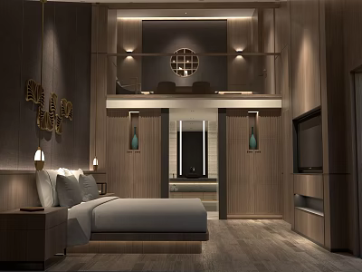 Hotel Room Interior With Comfortable Bed Wooden Walls Nightstand Lamp And TV 3d model