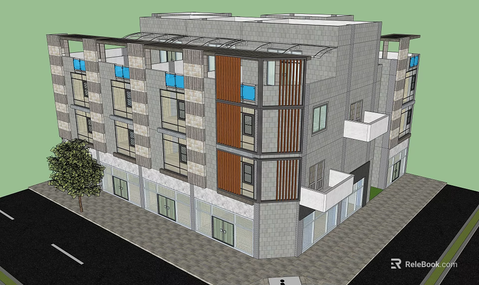 Modern Multi Story Building Exterior With Gray Walls Brown Panels And Blue Windows 3d model 