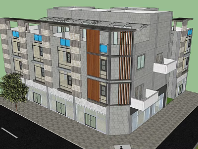 Modern Multi Story Building Exterior With Gray Walls Brown Panels And Blue Windows 3d model