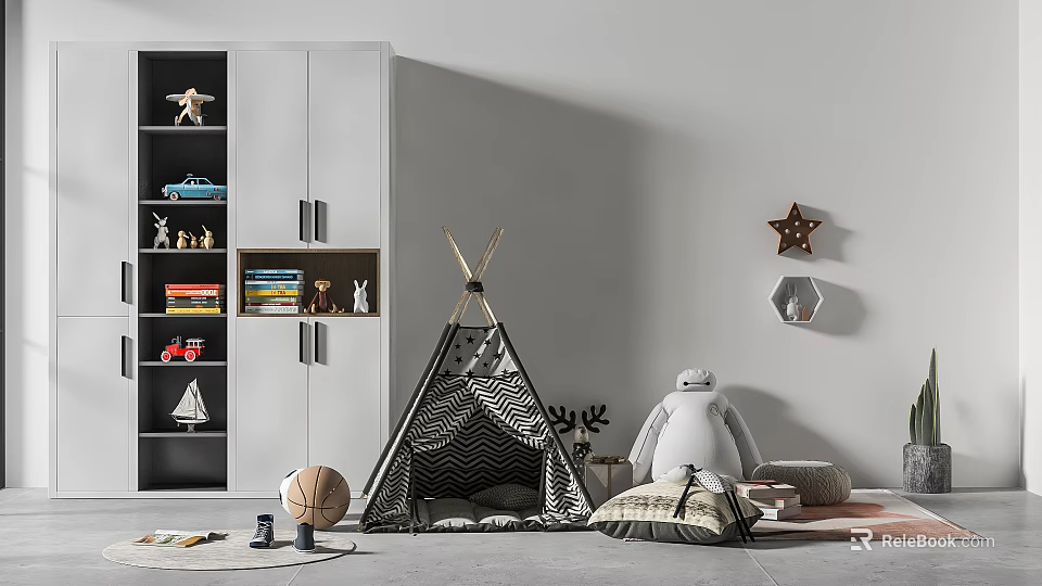 White Bookshelf In Children's Room With Toys Books Storage Teepee Tent And Stuffed Toy 3d model 