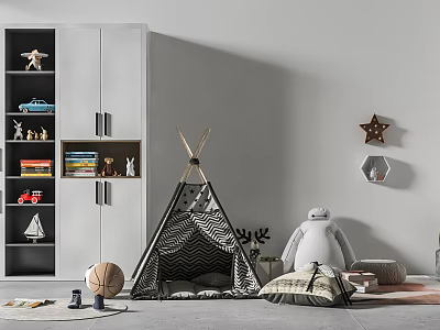 White Bookshelf In Children's Room With Toys Books Storage Teepee Tent And Stuffed Toy 3d model