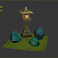 Traditional Green Japanese Lantern With Pedestal And Blue Stones On Green Grass