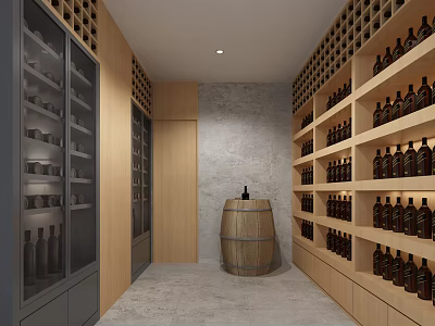 Elegant Wine Cellar Interior With Wine Bottles On Wooden Racks Glass Cabinets And Barrel 3d model