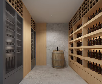 Elegant Wine Cellar Interior With Wine Bottles On Wooden Racks Glass Cabinets And Barrel 3d model