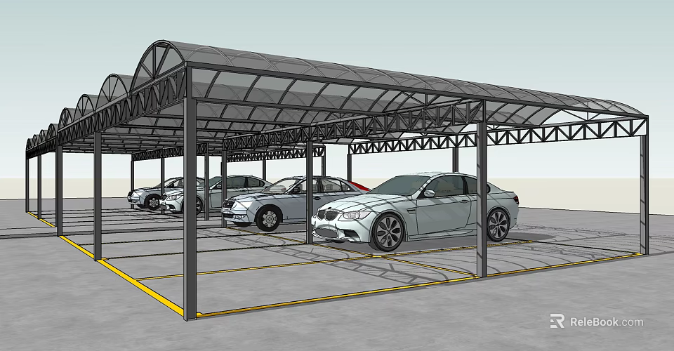 Parking Lot Carport with Metal Frame Transparent Roof and Cars Under Yellow Parking Lines 3d model 