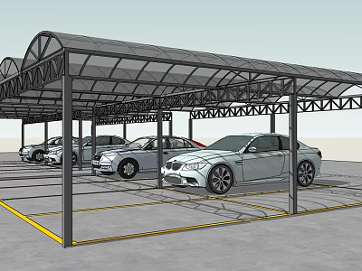 Parking Lot Carport with Metal Frame Transparent Roof and Cars Under Yellow Parking Lines 3d model