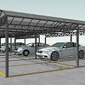 Parking Lot Carport with Metal Frame Transparent Roof and Cars Under Yellow Parking Lines