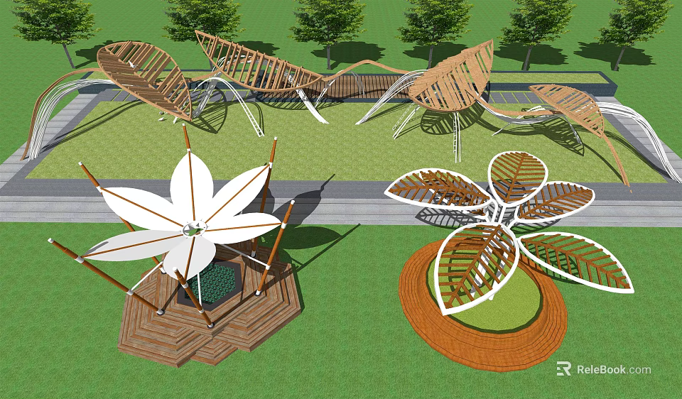 Creative Leaf Shaped Outdoor Wooden Pergola Design With Lawn And Trees 3d model 