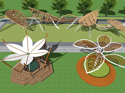 Creative Leaf Shaped Outdoor Wooden Pergola Design With Lawn And Trees 3d model
