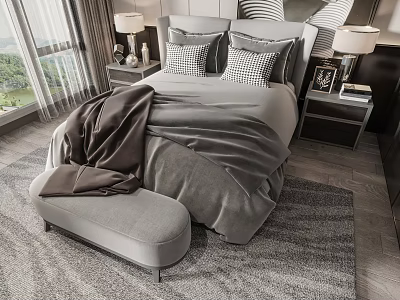 Double Bed With Gray Bedding Pillows Ottoman And Rug By Window With Nightstands Table Lamps 3d model