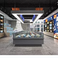 Modern Seafood Mall Shop Interior Featuring Marble Display Counter Shelves And Seafood Billboards