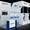 GLB Exhibition Booth With Modern White Blue Design And Display Screens Tables Chairs