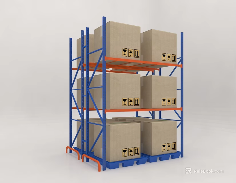 Blue Frame Orange Beam Industrial Shelving Unit With Multiple Layers And Cardboard Boxes 3d model