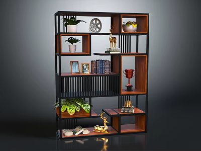 Modern Wooden and Black Shelving Unit with Potted Plants Decorative Items Books and Trophy 3d model