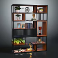 Modern Wooden and Black Shelving Unit with Potted Plants Decorative Items Books and Trophy