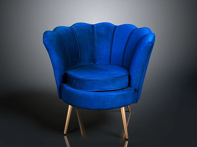 Elegant Blue Velvet Single Sofa With Scalloped Backrest And Gold Metal Legs 3d model