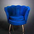Elegant Blue Velvet Single Sofa With Scalloped Backrest And Gold Metal Legs