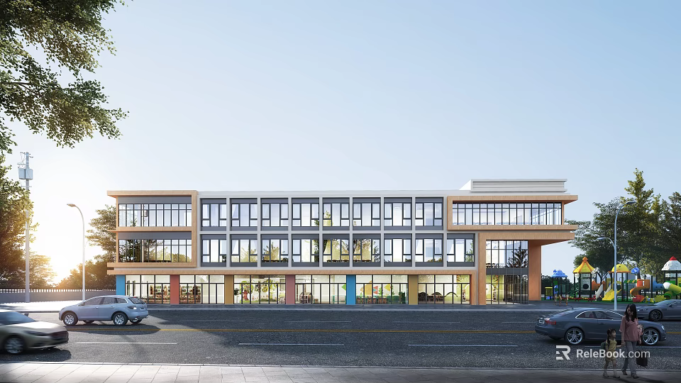 Modern School Building Featuring Large Windows Colorful Accents Trees Playground And Cars On Front Road 3d model 