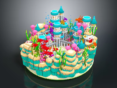 Colorful Castle Cake Design With Blue Towers Pink Decorations Coral Elements And Layered Structure 3d model