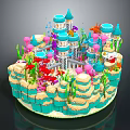 Colorful Castle Cake Design With Blue Towers Pink Decorations Coral Elements And Layered Structure