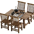 Rustic Wooden Dining Table Set With Four Chairs And Tea Set On Top 3d model
