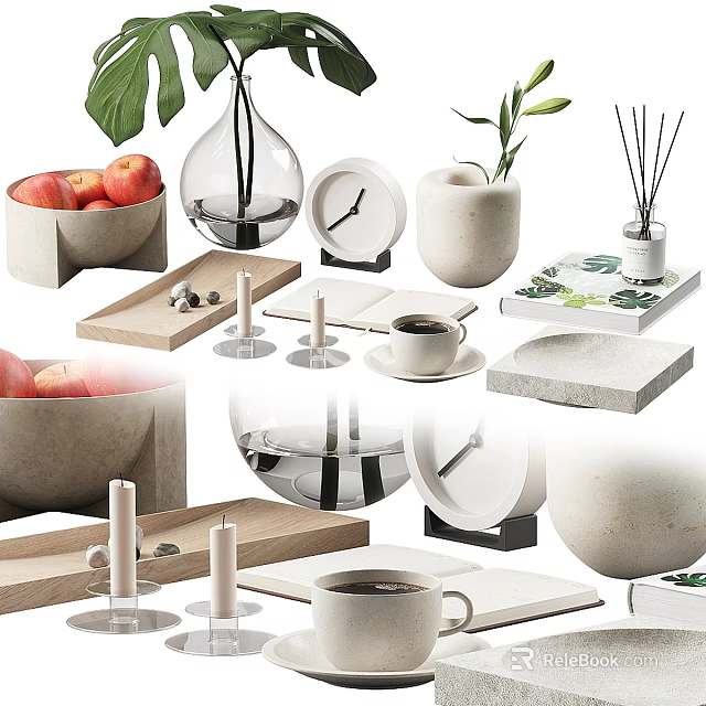 Minimalist Modern Decorative Ornament Set With Ceramic Vase Clock Diffuser Candles And Marble Tray 3d model 