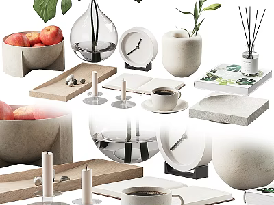 Minimalist Modern Decorative Ornament Set With Ceramic Vase Clock Diffuser Candles And Marble Tray 3d model