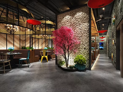 Modern Restaurant Interior With Red Umbrellas Cherry Blossom Tree Stone Wall And Wooden Tables 3d model