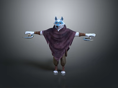 3D Wolf Headed Fantasy Game Movie Character Wearing Purple Cloak Holding Plates 3d model