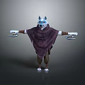 3D Wolf Headed Fantasy Game Movie Character Wearing Purple Cloak Holding Plates
