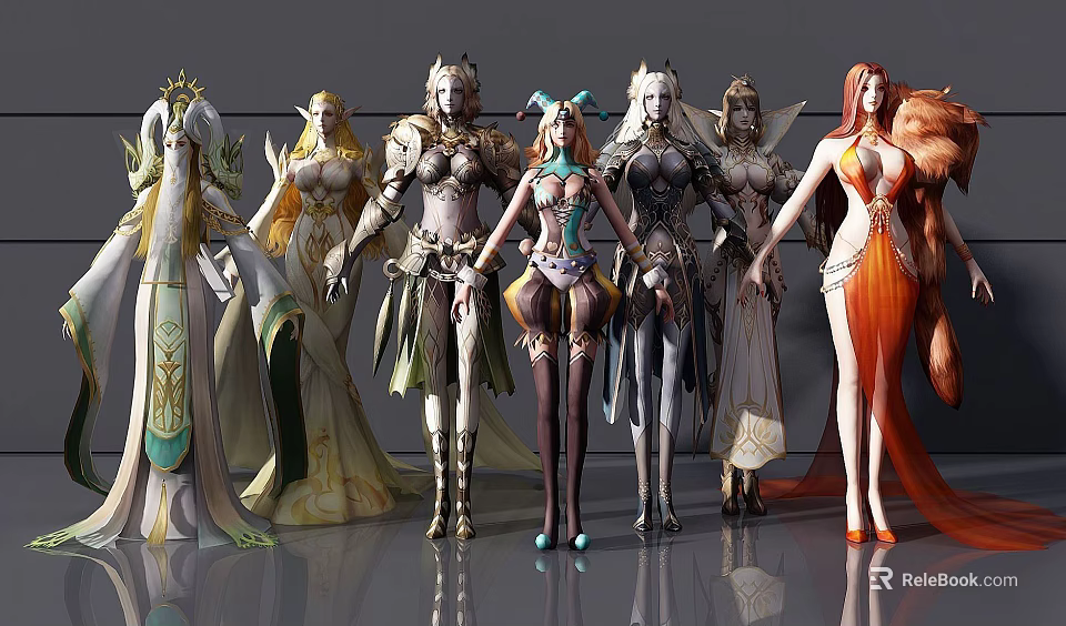 Tech Exhibition Hall Displaying Various Intricate Virtual Character Models in Vibrant Attires 3d model 