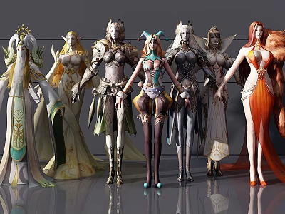 Tech Exhibition Hall Displaying Various Intricate Virtual Character Models in Vibrant Attires 3d model