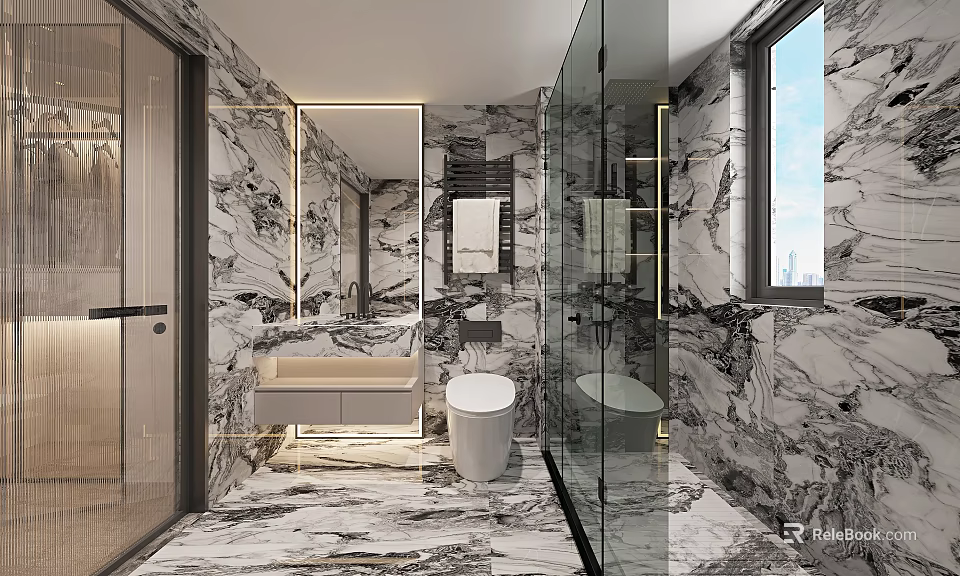 Modern Bathroom Interior With Marble Walls Floors Glass Shower And Vanity 3d model 