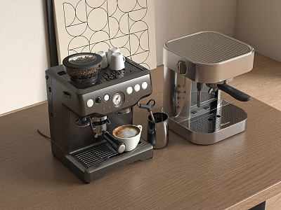 Modern Kitchen Appliances Featuring Espresso And Coffee Machines With Coffee Cup On Wooden Counter 3d model