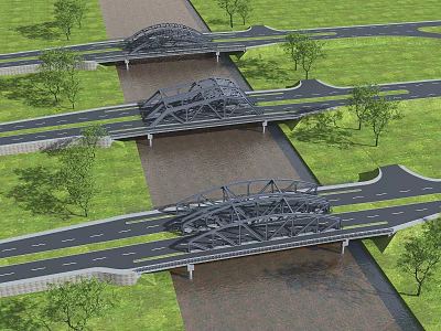 Modern Steel Structure Multiple Bridges Over River With Roads And Green Trees 3d model