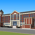 Classical Style Office Building With Red Brick Exterior And Clock Tower Design 3d model