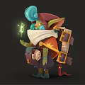 Fantasy Goblin Character With Blue Turquoise Hair Red Hat White Scarf Holding Glowing Magic Item