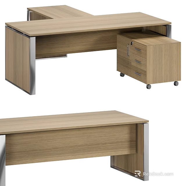 Modern Office Desk Design With Wooden Top Metal Frame And Mobile Drawer Cabinet 3d model 