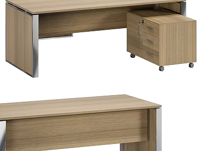 Modern Office Desk Design With Wooden Top Metal Frame And Mobile Drawer Cabinet 3d model