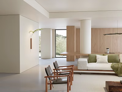 Modern Living Dining Room Interior With Sofa Chairs Wooden Walls And Natural Light 3d model