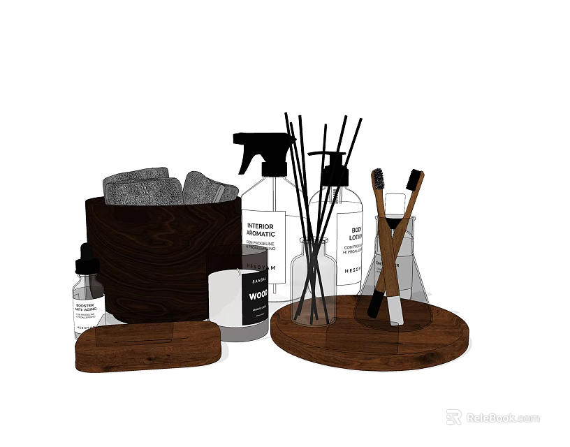 Essential Bathroom Accessories Including Spray Bottles Reed Diffusers And Cleaning Cloths 3d model