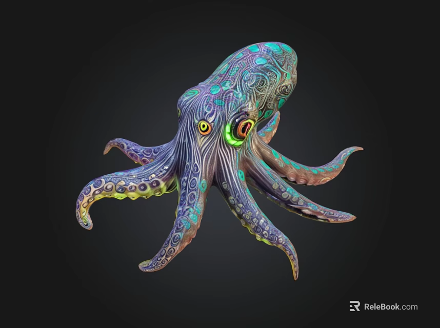 Colorful Octopus With Intricate Patterns And Glowing Eyes On Black Background 3d model 
