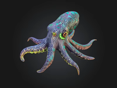 Colorful Octopus With Intricate Patterns And Glowing Eyes On Black Background 3d model
