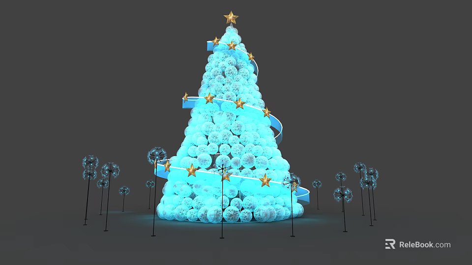Light Blue Spherical Christmas Tree Featuring Golden Star Top Spiral Design And Decorative Globe Ornaments 3d model 