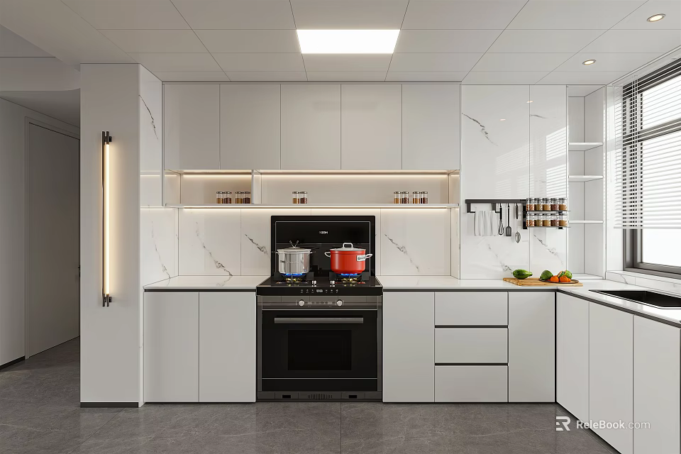 Modern Kitchen Interior Design With White Cabinets Black Oven And Marble Countertop 3d model