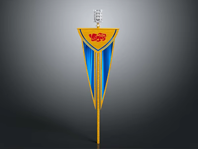 Yellow And Blue Pennant With Red Emblem Silver Ornament And Yellow Pole 3d model